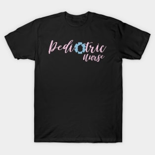 Pediatric Nurse pink text design with blue Nurse star and silhouette T-Shirt